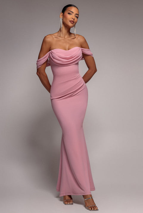 Goddiva Bardot Scuba & Chiffon Cowl Maxi Dress - Blush Pink