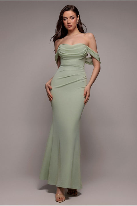 Goddiva Bardot Scuba & Chiffon Cowl Maxi Dress - Sage Green