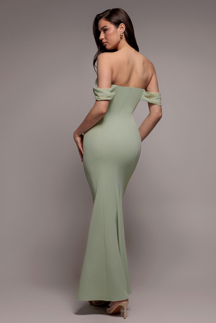 Goddiva Bardot Scuba & Chiffon Cowl Maxi Dress - Sage Green