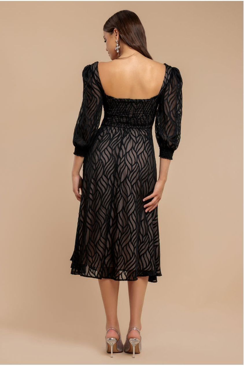 Goddiva Puff Sleeve Side Slit Flared Jacquard Chiffon Midi Dress - Black