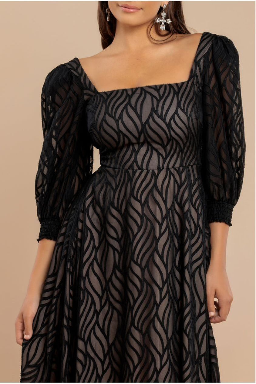 Goddiva Puff Sleeve Side Slit Flared Jacquard Chiffon Midi Dress - Black