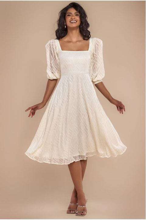 Goddiva Puff Sleeve Side Slit Flared Jacquard Chiffon Midi Dress - Cream