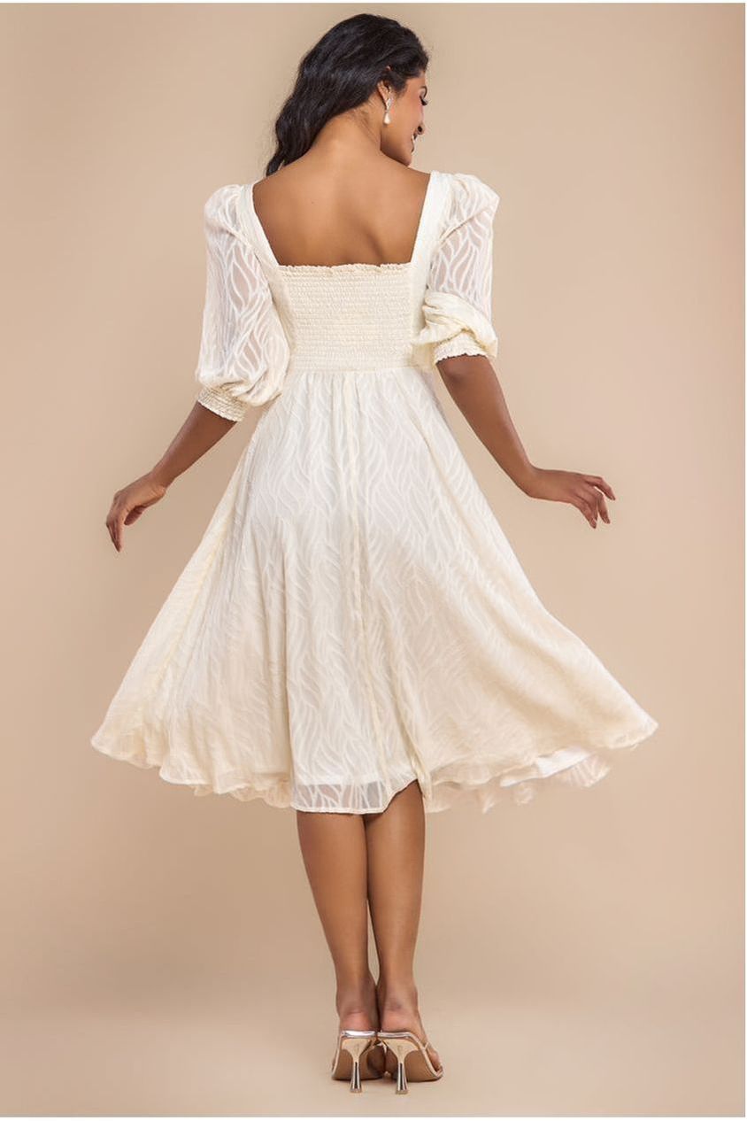 Goddiva Puff Sleeve Side Slit Flared Jacquard Chiffon Midi Dress - Cream