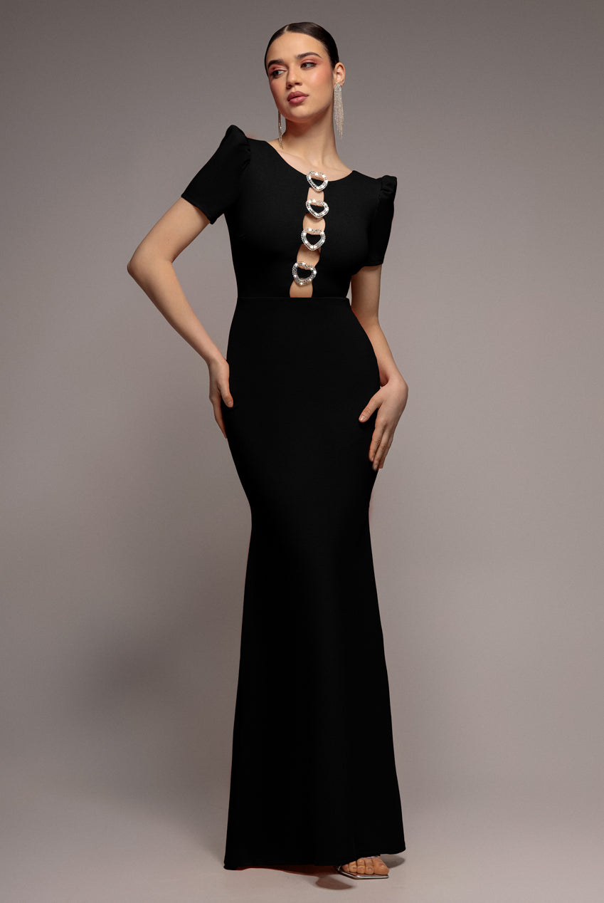 Goddiva Diamante Embellished Heart Brooch Scuba Maxi Dress - Black