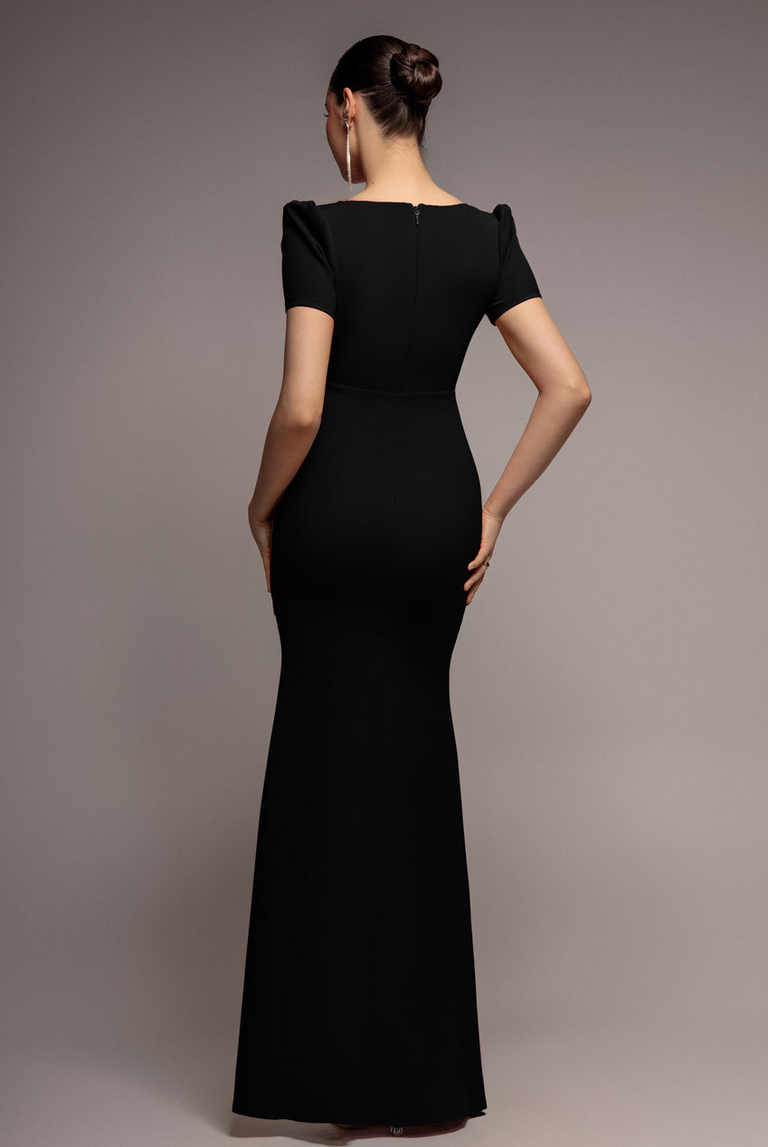 Goddiva Diamante Embellished Heart Brooch Scuba Maxi Dress - Black