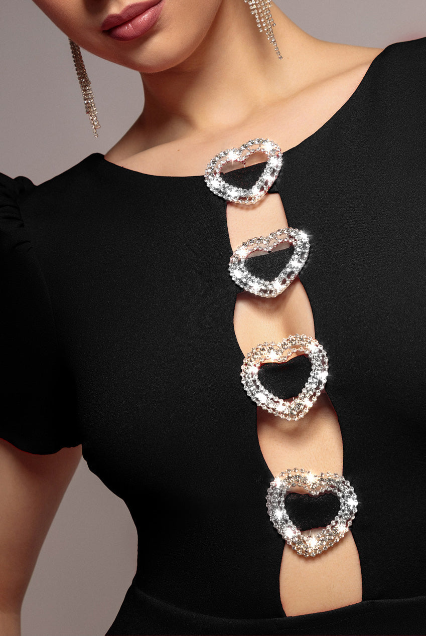 Goddiva Diamante Embellished Heart Brooch Scuba Maxi Dress - Black