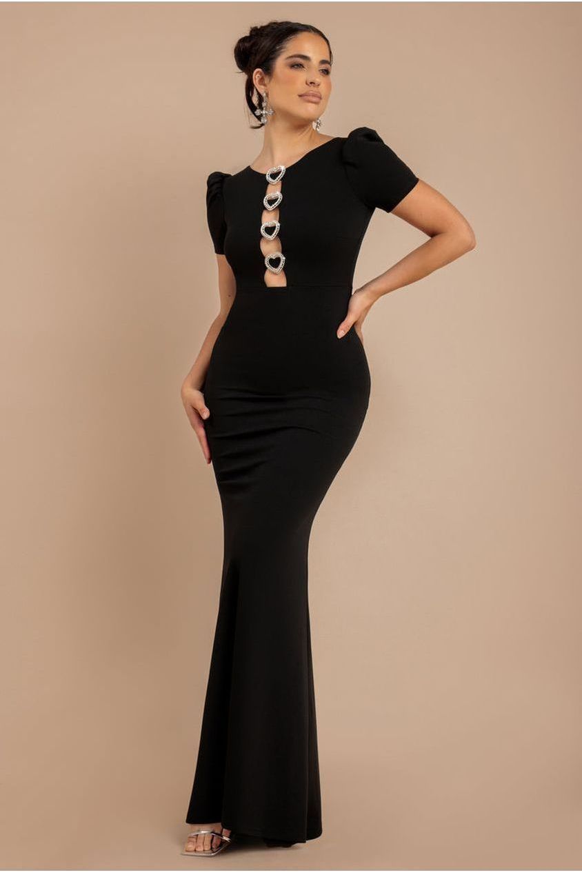 Goddiva Diamante Embellished Heart Brooch Scuba Maxi Dress - Black