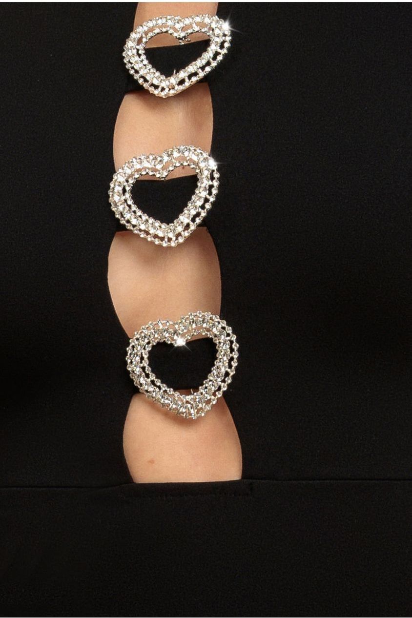Goddiva Diamante Embellished Heart Brooch Scuba Maxi Dress - Black