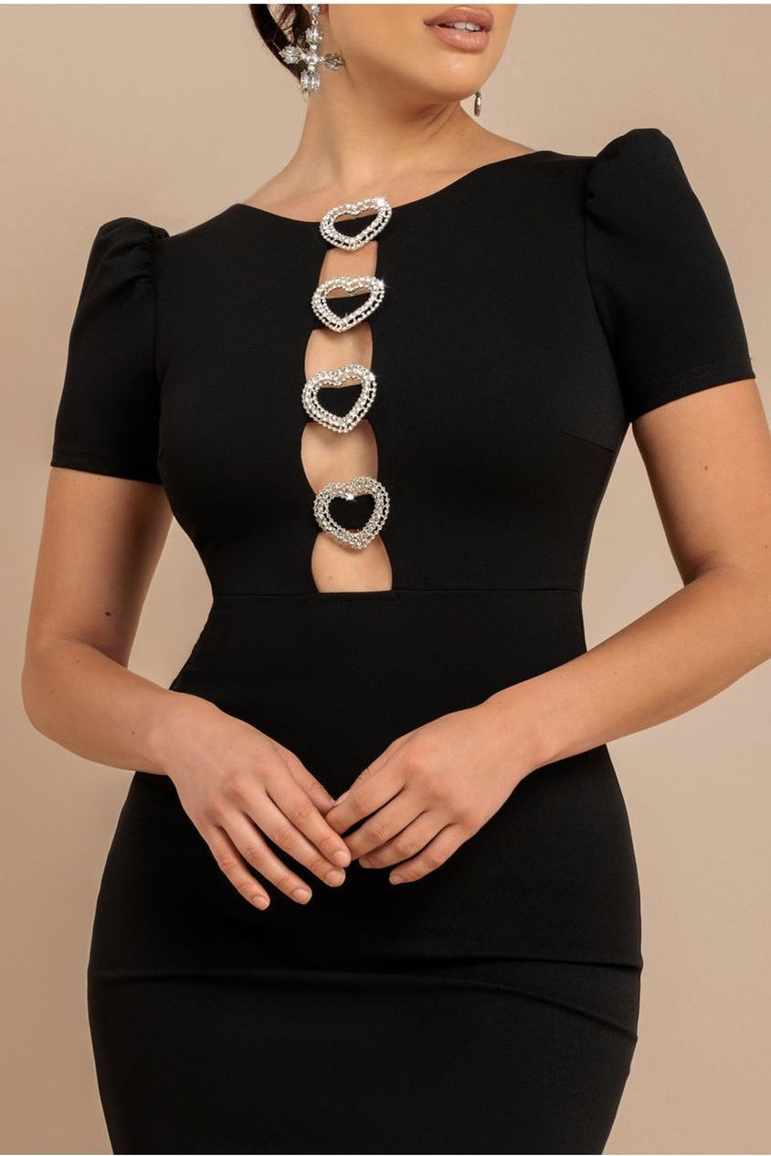 Goddiva Diamante Embellished Heart Brooch Scuba Maxi Dress - Black