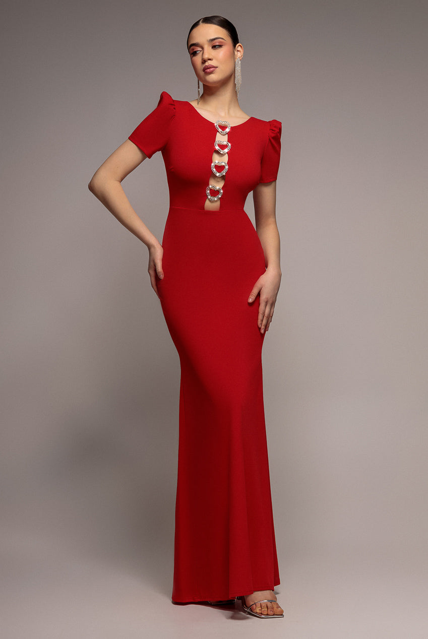 Goddiva Diamante Embellished Heart Brooch Scuba Maxi Dress - Red