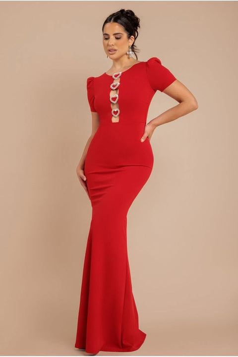 Goddiva Diamante Embellished Heart Brooch Scuba Maxi Dress - Red