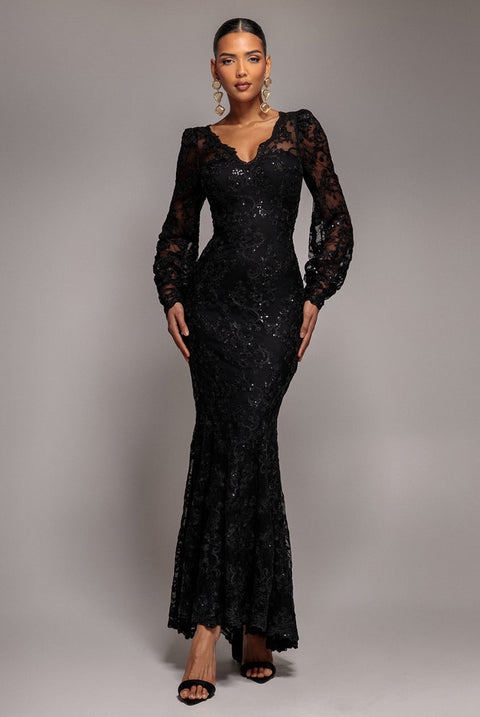 Goddiva Embroidered Lace Scalloped Edge Maxi Dress - Black