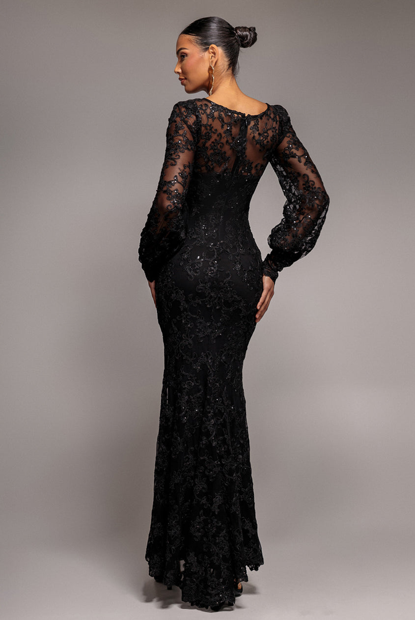 Goddiva Embroidered Lace Scalloped Edge Maxi Dress - Black