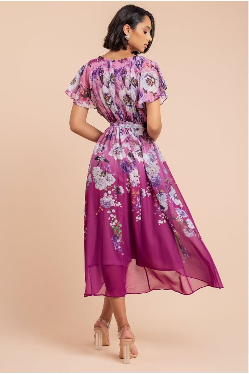 Goddiva Flutter Sleeve A-Line Chiffon Floral Printed Midi Dress - Magenta