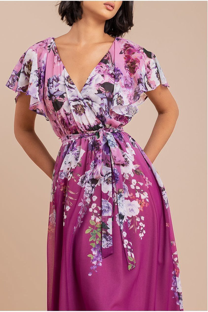 Goddiva Flutter Sleeve A-Line Chiffon Floral Printed Midi Dress - Magenta
