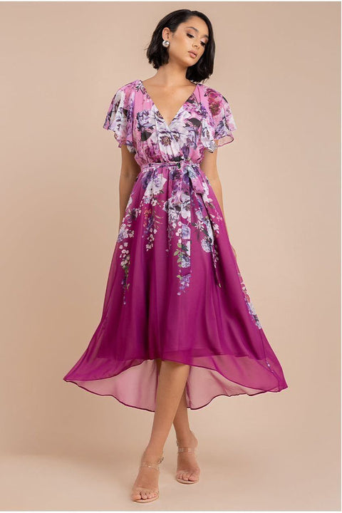 Goddiva Flutter Sleeve A-Line Chiffon Floral Printed Midi Dress - Magenta