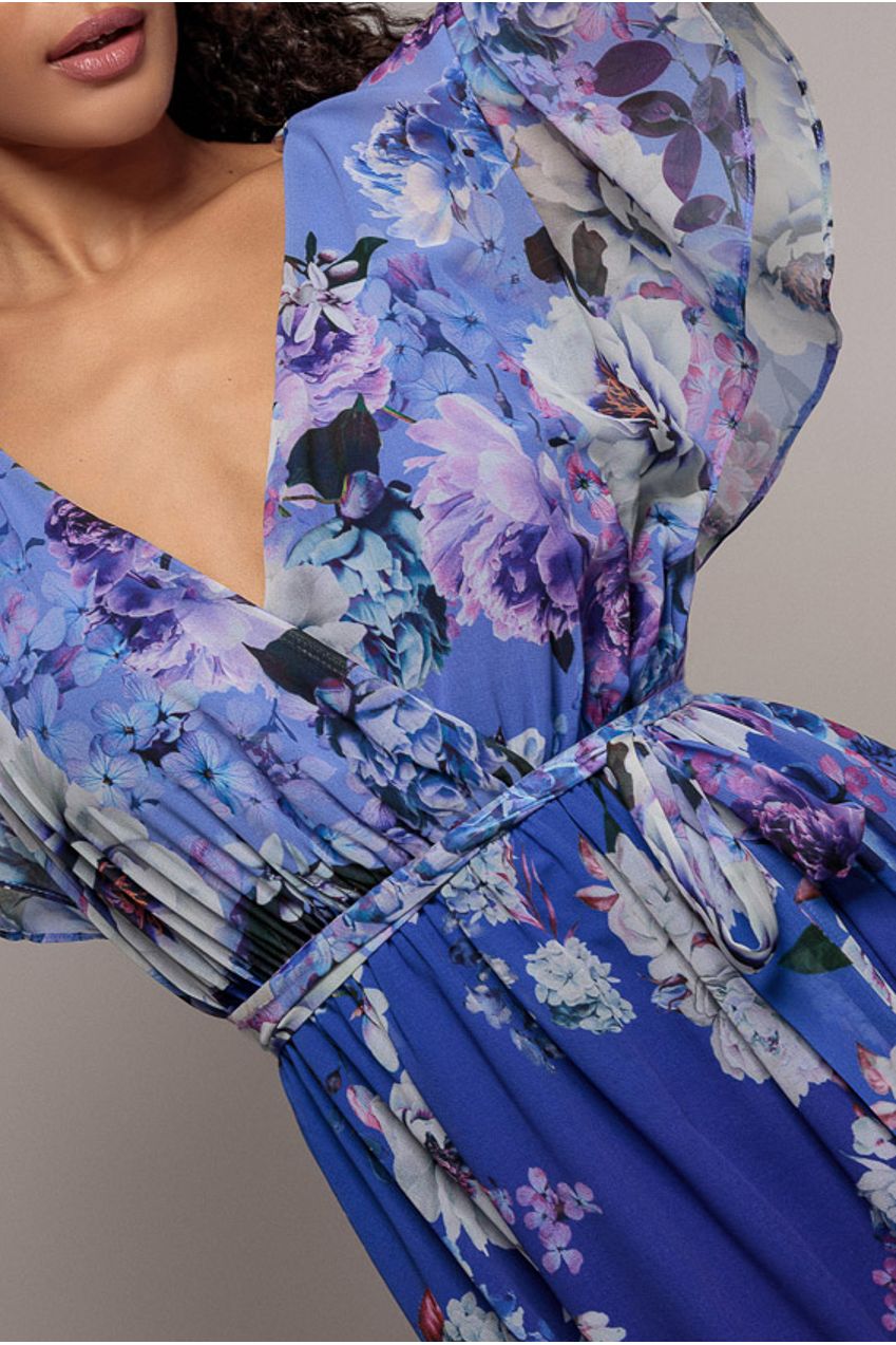 Goddiva Flutter Sleeve A-Line Chiffon Floral Printed Midi Dress - Royal Blue