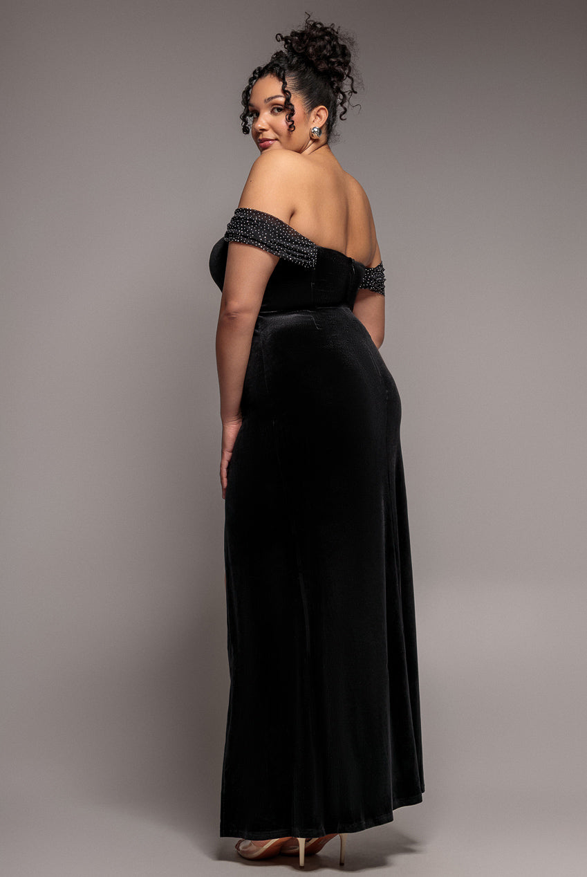 Goddiva Plus Off Shoulder Hotfix Diamante Wing Velvet Maxi Dress - Black