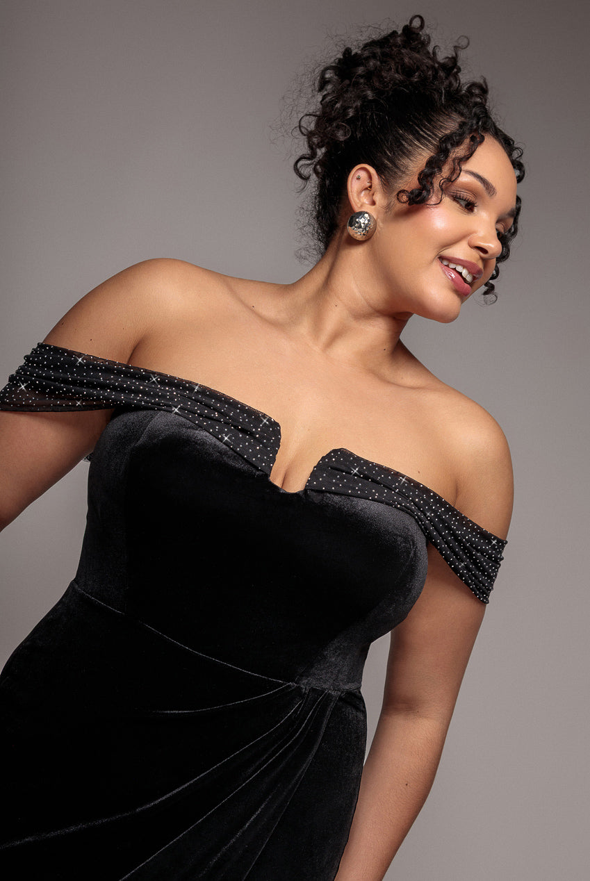 Goddiva Plus Off Shoulder Hotfix Diamante Wing Velvet Maxi Dress - Black