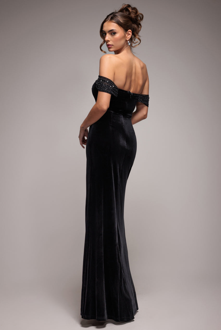 Goddiva Off Shoulder Hotfix Diamante Wing Velvet Maxi Dress - Black