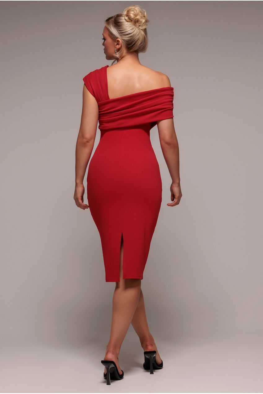 Goddiva Scuba Crepe Pleated Drop Shoulder Midi Dress - Red