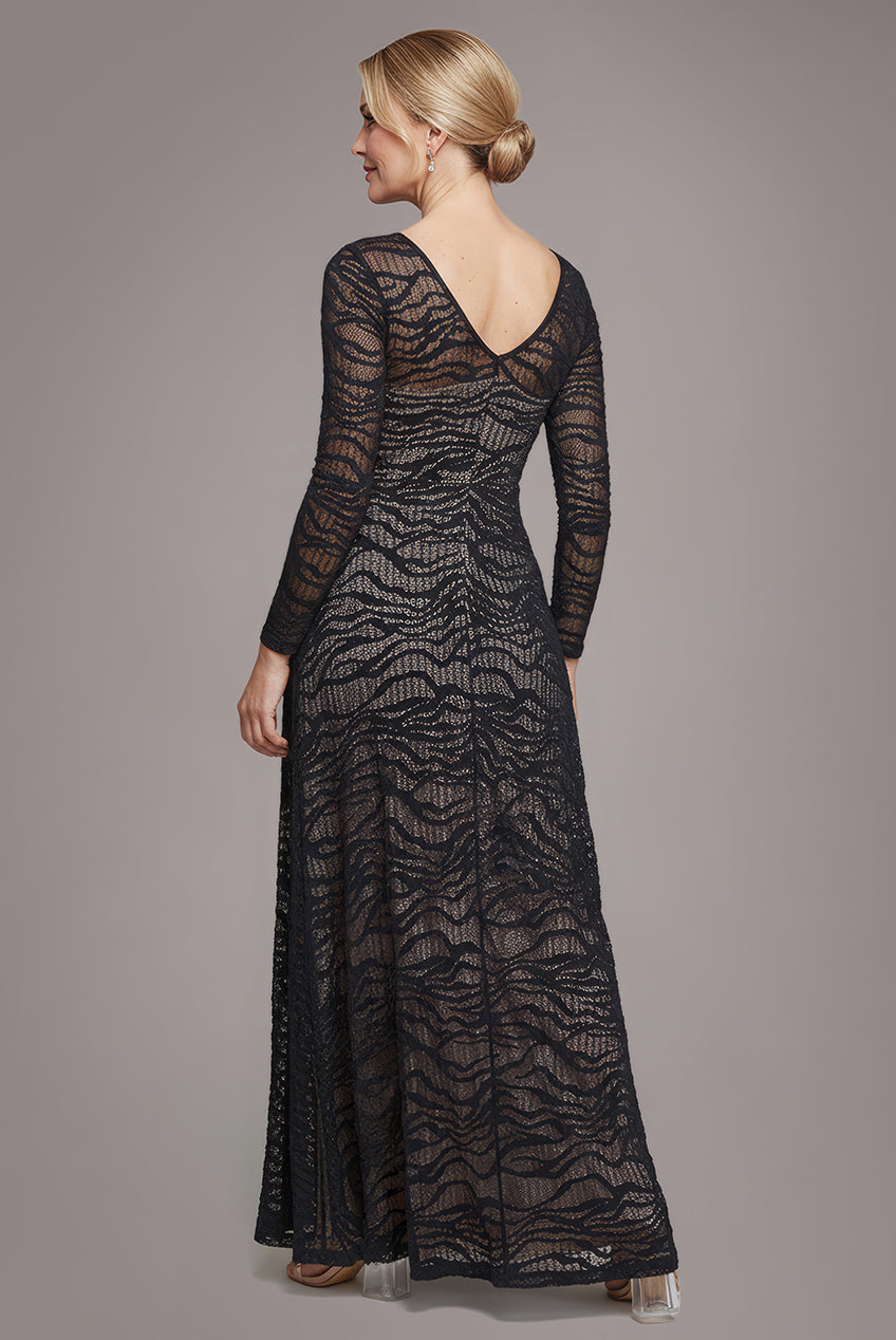 Goddiva Geo Wave Flare Skirt Long Sleeve Maxi Dress - Black