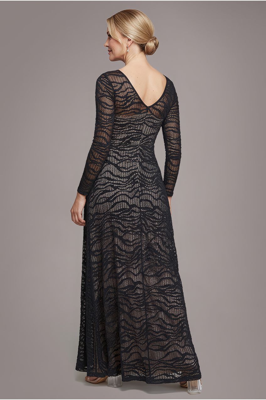 Goddiva Geo Wave Flare Skirt Long Sleeve Maxi Dress - Black