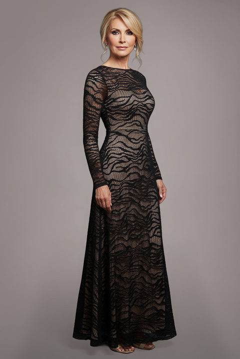 Goddiva Geo Wave Flare Skirt Long Sleeve Maxi Dress - Black