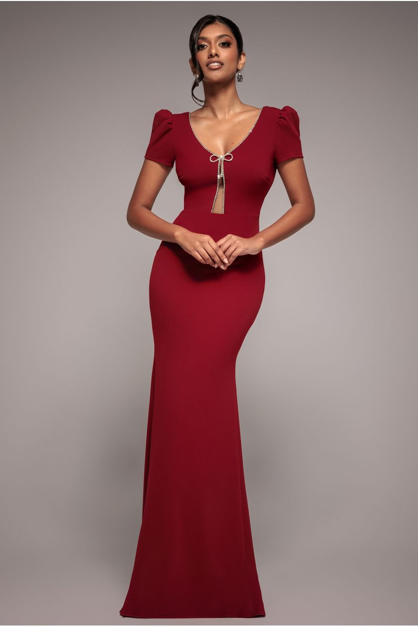 Goddiva Diamante Embellished Bow Scuba Crepe Maxi Dress - Wine