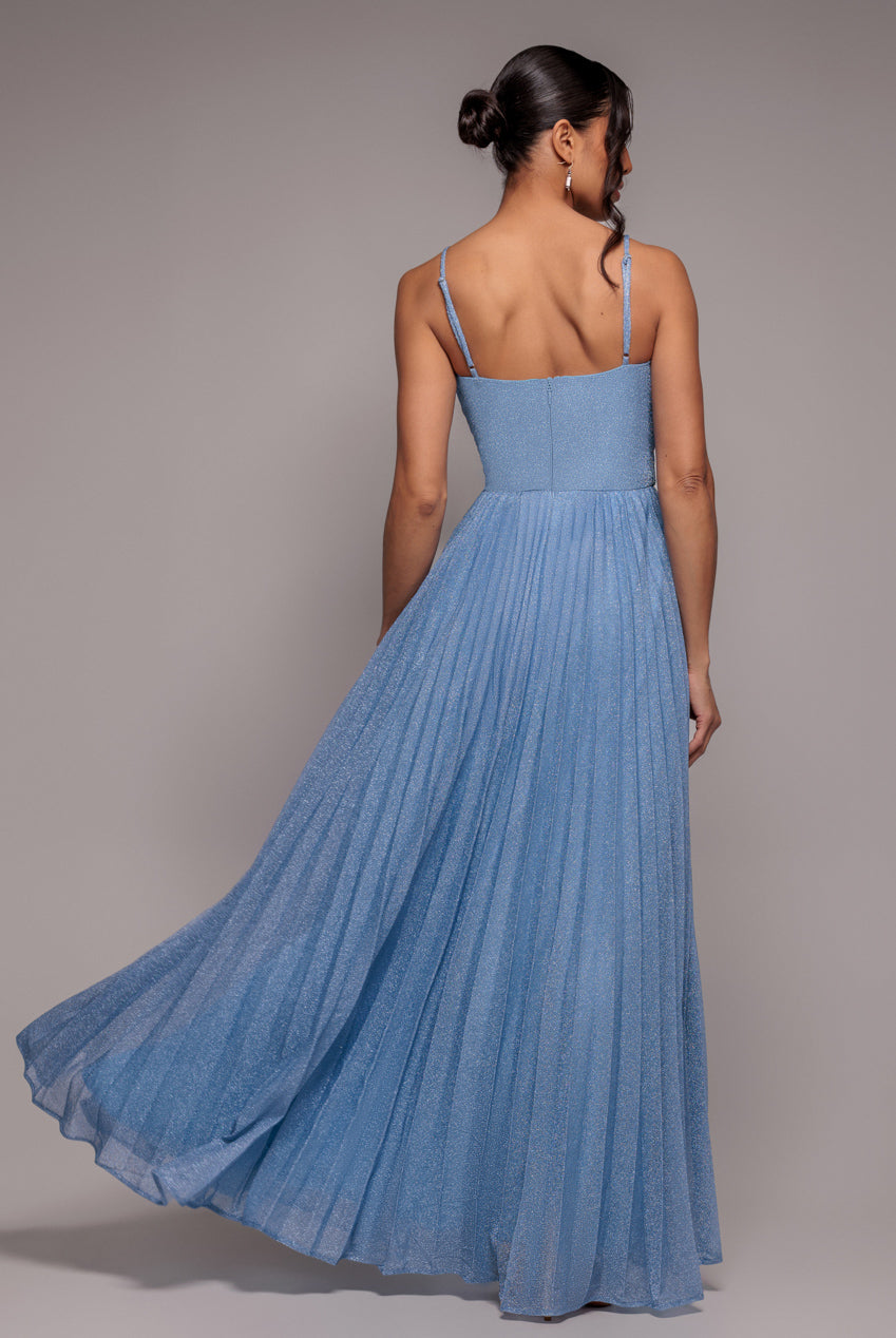 Goddiva Sleeveless Pleated A Line Lurex Maxi Dress - Blue