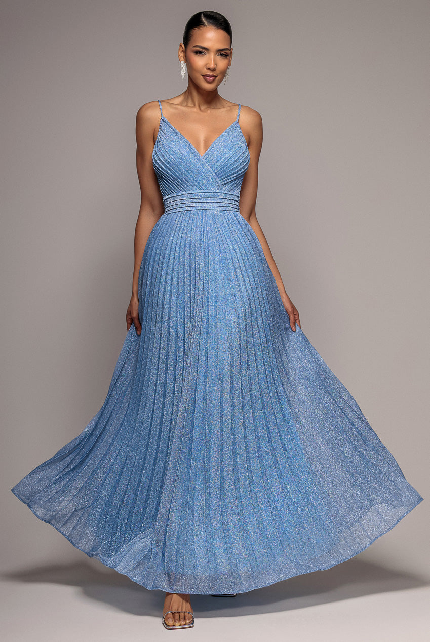 Goddiva Sleeveless Pleated A Line Lurex Maxi Dress - Blue
