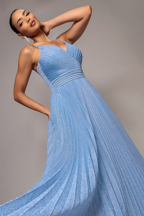 Goddiva Sleeveless Pleated A Line Lurex Maxi Dress - Blue
