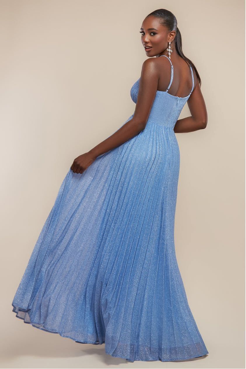 Goddiva Sleeveless Pleated A Line Lurex Maxi Dress - Blue