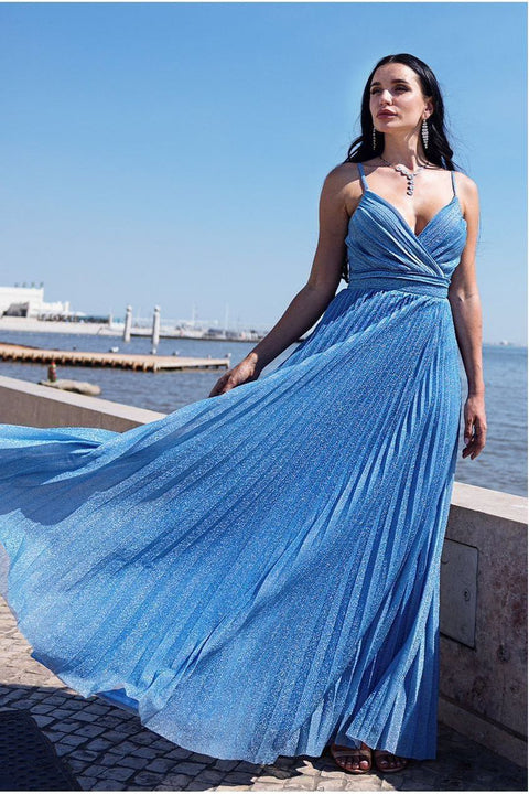 Goddiva Sleeveless Pleated A Line Lurex Maxi Dress - Blue