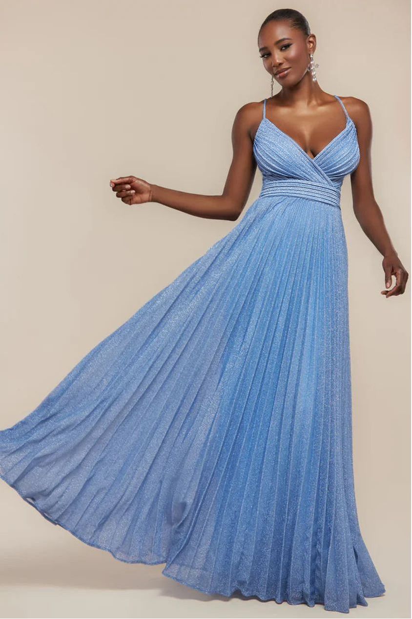 Goddiva Sleeveless Pleated A Line Lurex Maxi Dress - Blue