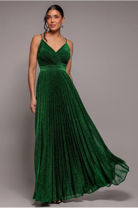 Goddiva Sleeveless Pleated A Line Lurex Maxi Dress - Emerald Green
