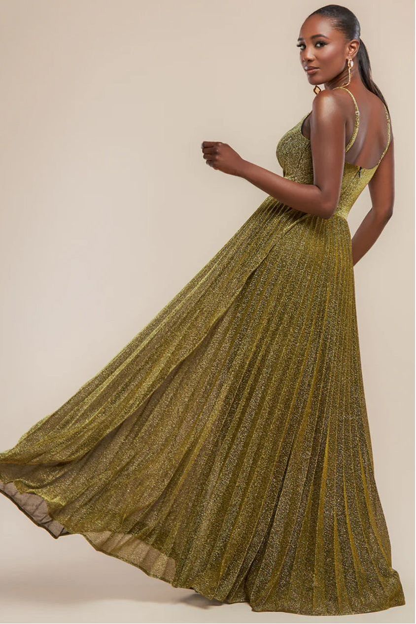 Goddiva Sleeveless Pleated A Line Lurex Maxi Dress - Gold