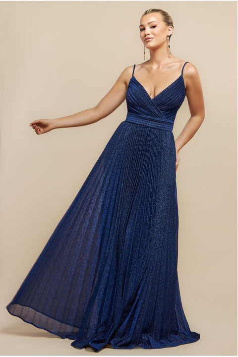 Goddiva Sleeveless Pleated A Line Lurex Maxi Dress - Navy Blue