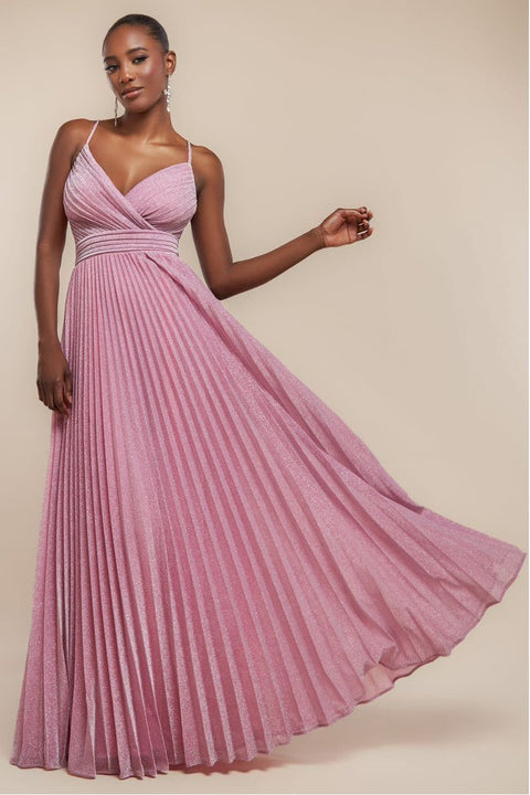 Goddiva Sleeveless Pleated A Line Lurex Maxi Dress - Pink