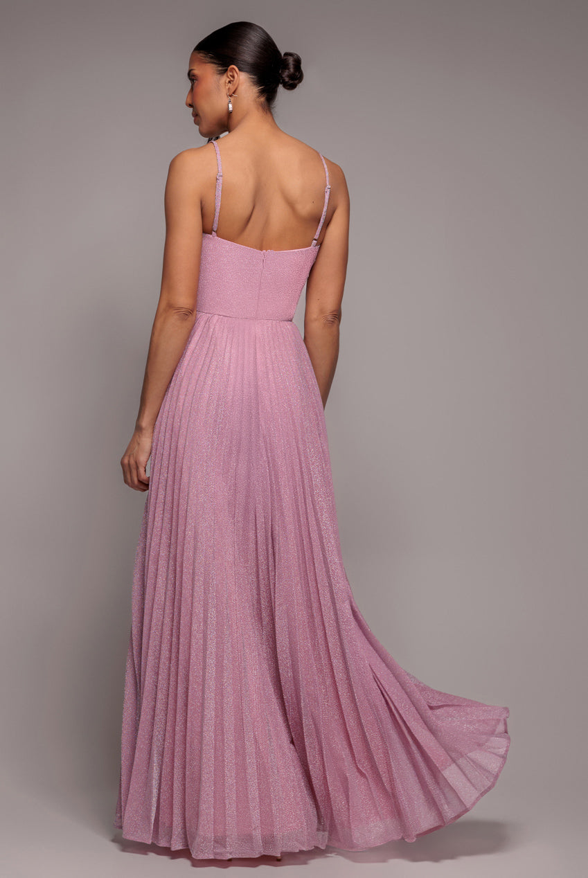 Goddiva Sleeveless Pleated A Line Lurex Maxi Dress - Pink