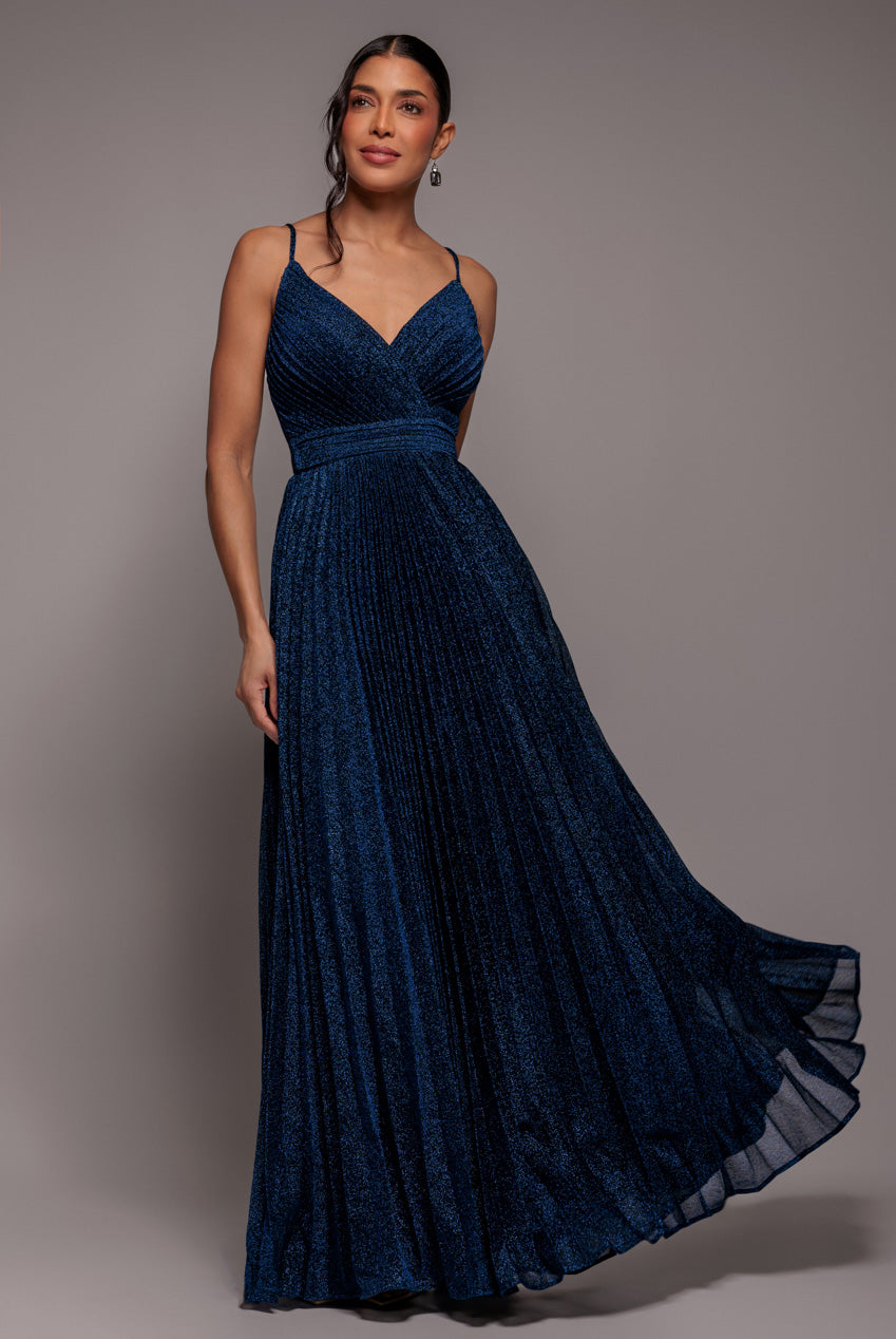 Goddiva Sleeveless Pleated A Line Lurex Maxi Dress - Navy Blue