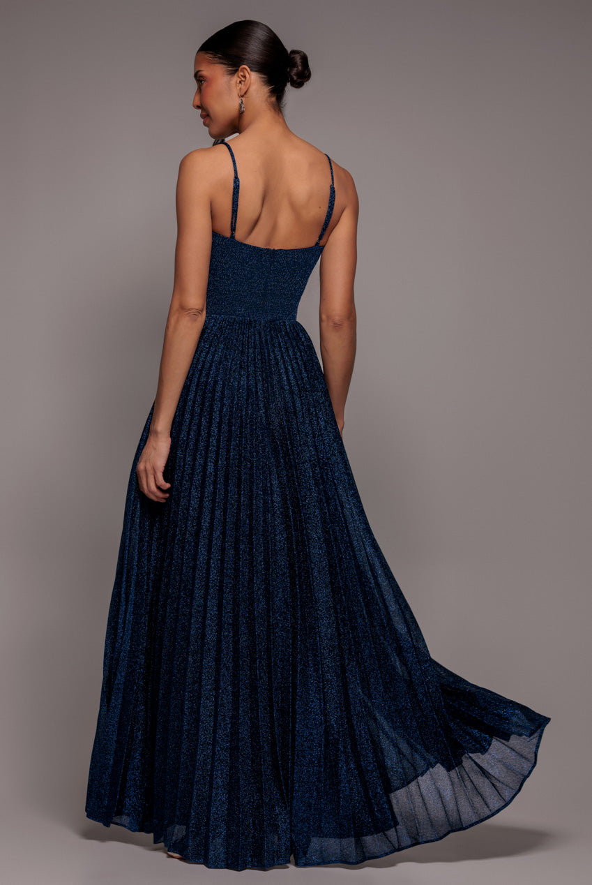 Goddiva Sleeveless Pleated A Line Lurex Maxi Dress - Navy Blue