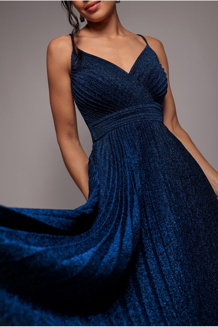 Goddiva Sleeveless Pleated A Line Lurex Maxi Dress - Navy Blue