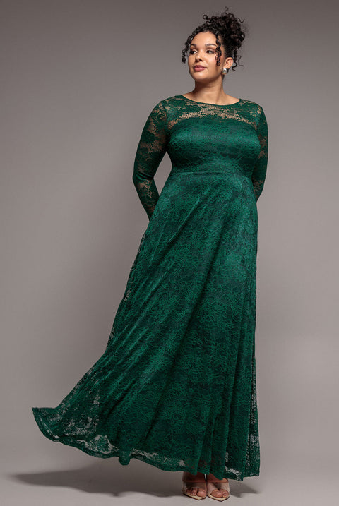 Goddiva Plus Scalloped Lace A-Line Maxi Dress - Emerald Green