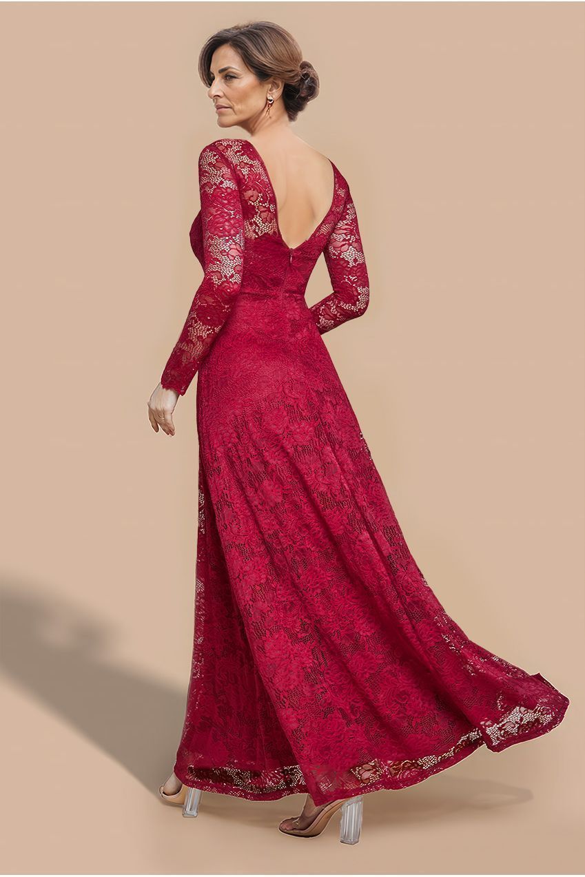 Goddiva Scalloped Lace A-Line Maxi Dress - Wine