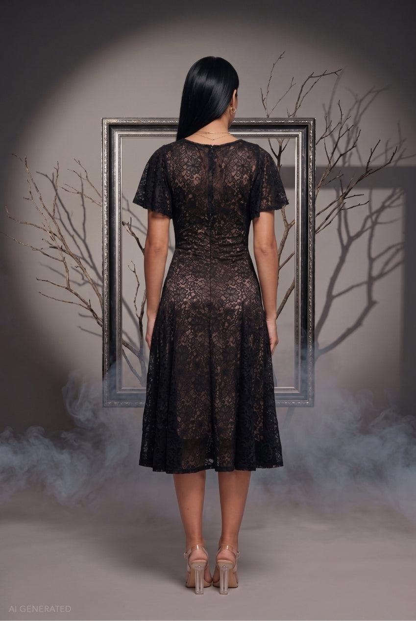 Goddiva Short Sleeve A-line Midi Wednesday Addams-Inspired Halloween Costume - Black
