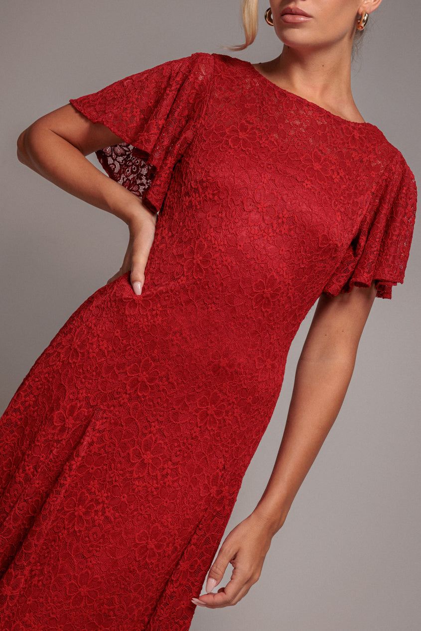 Goddiva Flutter Sleeve Lace A-Line Midi Dress - Red