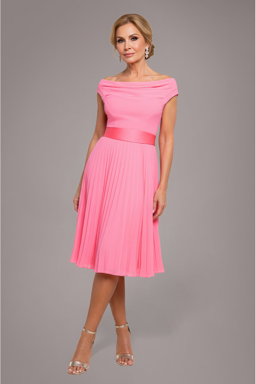 Goddiva Cowl Neck Pleated A-Line Chiffon Midi Dress - Coral