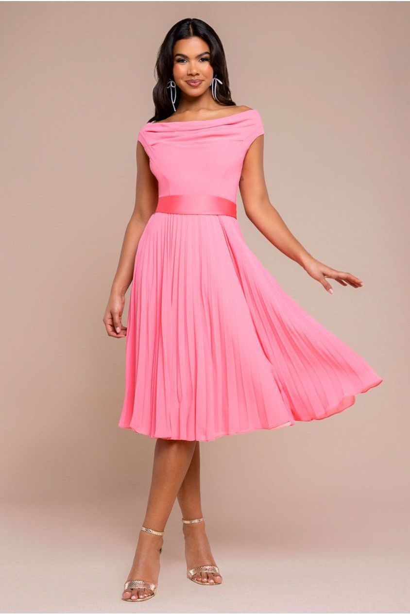 Goddiva Cowl Neck Pleated A-Line Chiffon Midi Dress - Coral