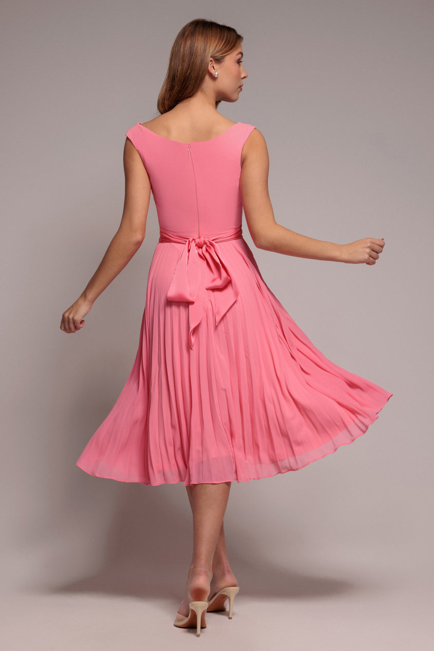 Goddiva Cowl Neck Pleated A-Line Chiffon Midi Dress - Coral